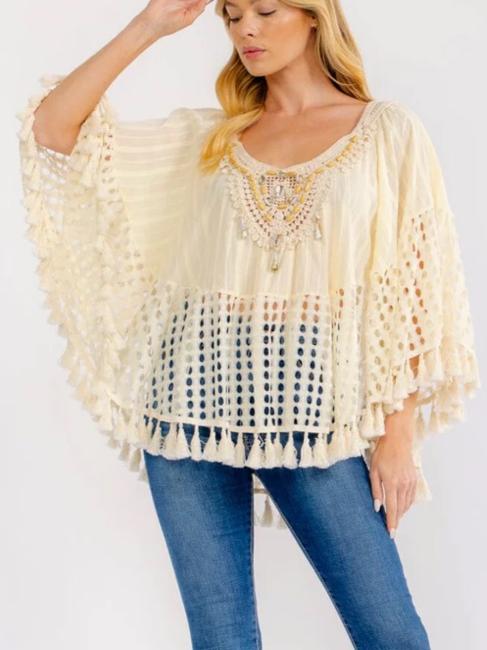 Boho NWT sea shell Crochet Tassel Peasant Top - Cream size S-M-L